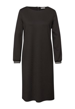 Schwarzes langärmliges Kleid mit rundem Ausschnitt, Reißverschluss auf der Rückseite und gestreiften Akzenten an den Manschetten. Glatte Stoffstruktur.