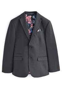 Mørkegrå blazer lavet af struktureret stof, med en floral trykt inderskæring og en lommevi. To knapper og sidelommer.