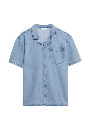 Himmelblaues Jeanshemd mit kurzen Ärmeln, Knopfleiste, Kragen und einer aufgesetzten Tasche auf der linken Brust. Mit braunen Knöpfen.