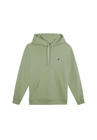 Groene hoodie van zacht materiaal, met een kangoeroezak, trekkoorden, een klein marineblauw boomlogo en ribgebreide manchetten en onderrand.