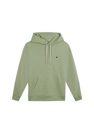 Green hoodie made of soft material, featuring a kangaroo pocket, drawstrings, a small navy tree logo, and ribbed cuffs and hem.