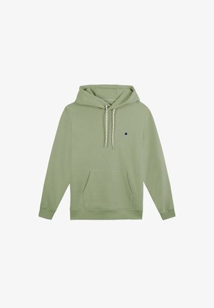 Felpa verde realizzata in materiale morbido, con tasca a marsupio, cordini, un piccolo logo di un albero blu navy e polsini e orlo a costine.