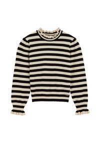 Maglione a righe nero e crema con un colletto e polsini a volant. Realizzato in morbido tessuto, presenta maniche lunghe e una silhouette aderente.