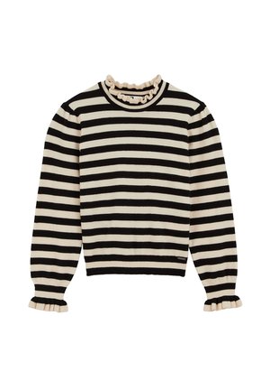Pull noir et crème à rayures avec un col et des poignets à volants. Fabriqué en tissu doux, il présente des manches longues et une coupe ajustée.