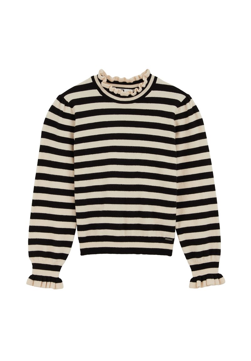 Maglione a righe nero e crema con un colletto e polsini a volant. Realizzato in morbido tessuto, presenta maniche lunghe e una silhouette aderente.