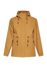 Jachetă khaki cu glugă, cu șnururi ajustabile, buzunare frontale și manșete elastice. Fabricată dintr-un material neted, având un design minimalist.