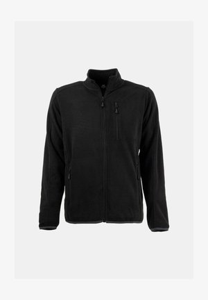 Schwarze Fleecejacke mit hohem Kragen, Frontreißverschluss und zwei seitlichen Reißverschlusstaschen. Weiche Textur, lange Ärmel und ein einfaches Design.