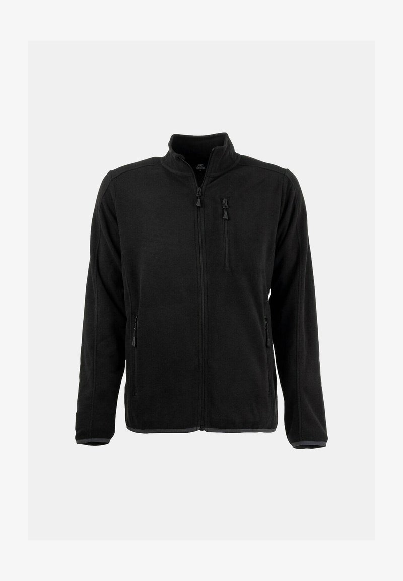 Zwarte fleece jas met hoge kraag, voorzijdige ritsluiting en twee ritszakken aan de zijkant. Zachte textuur, lange mouwen en een eenvoudig ontwerp.