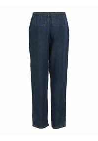Pantalones vaqueros oscuros con un ajuste relajado, cinturilla elástica y dos bolsillos traseros. Presentan una pierna recta y un diseño minimalista.