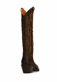 Tall brown leather cowboy boot with embroidered flame-like patterns and a stacked heel, viewed from the side-back angle.