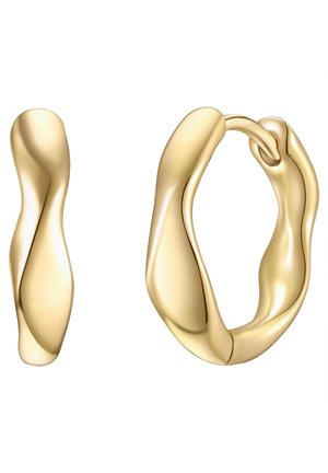Guld snoede øreringe i hoop-design med glatte, polerede overflader og en rund, uregelmæssig form, vist fra front- og sideperspektiv.