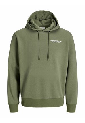 Olivgrüner Kapuzenpullover mit Kordelzug, gerippten Bündchen und Saum sowie weißem "JJ Rebel Philosophy"-Schriftzug auf der linken Brust.