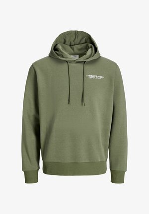 Olivengrøn hættetrøje med snore, ribstrikkede ærmeender og kant samt hvidt "JJ Rebel Philosophy"-tryk på venstre bryst.