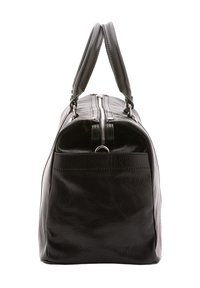 Borsa in pelle nera di forma rettangolare, con manici doppi e apertura con zip. Presenta una texture liscia e un sottile dettaglio di cucitura.