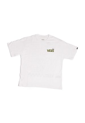 Camiseta de algodón blanca con un logo verde de Vans y el texto '66'. La camiseta tiene un corte relajado y mangas cortas, con sutiles patrones en relieve.