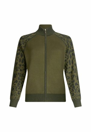 Pulover verde cu fermoar, cu mâneci cu imprimeu leopard. Are un guler înalt și manșete ribbate. Material moale cu o textură netedă.