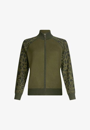 Felpa verde con zip e maniche a stampa leopardata. Presenta un colletto alto e polsini a costine. Materiale morbido con una texture liscia.