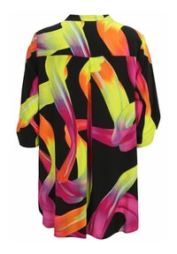 Farbenfrohe, fließende Bluse mit schwarzem Hintergrund. Besitzt kräftige, abstrakte Muster in Pink, Gelb, Grün und Orange. Leichter Stoff, lockere Passform.