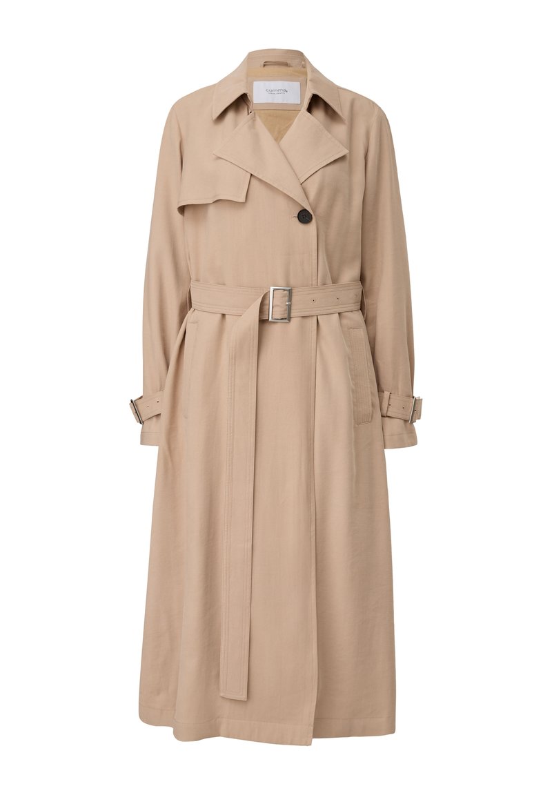 Beiger Trenchcoat mit Doppelreiher-Design, tailliertem Gürtel, Knopfakzenten, Seitentaschen und hochgekrempelten Bündchen. Glatter Stoff mit angenehmer Textur.