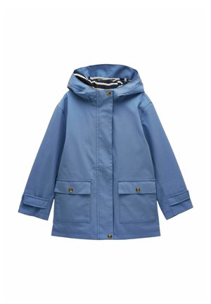 Blue children's raincoat with hood, striped inner lining, front flap pockets with buttons, and snap button closures on sleeves and front.