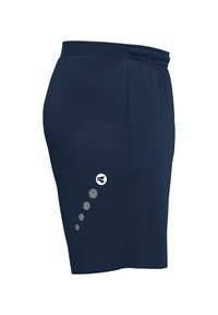 Pantaloni sportivi blu navy con vita elastica, caratterizzati da un logo e cinque motivi circolari di colore contrastante sul lato.