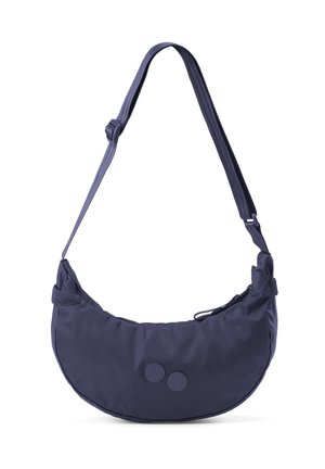 Dunkelblaue, halbmondförmige Schultertasche mit verstellbarem Gurt und zwei runden dekorativen Knöpfen vorne.
