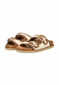 Woven sandals with dual brown and cream straps, featuring gold buckles, a tan footbed, and a textured rubber sole for traction.