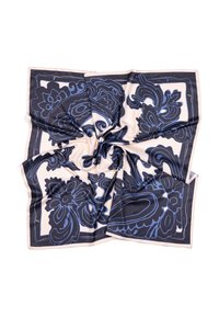 Jedwabny szalik z granatowym wzorem kwiatowym na jasnym kremowym tle, o gładkiej fakturze i kontrastującym obszyciu.