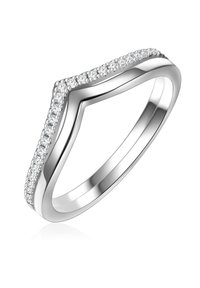 Anillo de plata con un diseño en zigzag, que presenta pequeñas piedras preciosas claras a lo largo del borde, acabado pulido y superficie interior lisa.