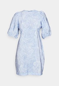 Ljusblå miniklänning med marmorliknande mönster, puffärmar, rund halsringning och figursydd midja, tillverkad av texturerad tyg.