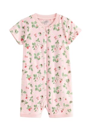 Vaaleanpunainen vauvan lyhythihainen haalari, jossa edessä vetoketju, koristeltu vihreillä lehdillä, punaisilla mansikoilla ja pienillä kukkakuviolla.
