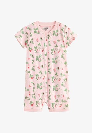 Lyserød kortærmet babyheldragt med lynlås foran, dekoreret med mønster af grønne blade, røde jordbær og små blomster.