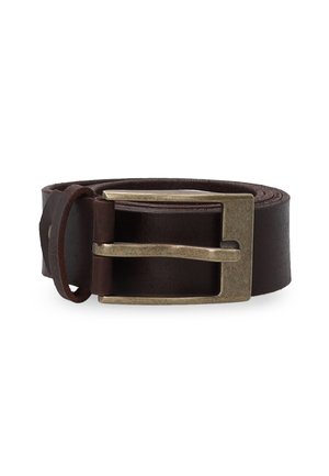 Ceinture en cuir marron avec une finition texturée, dotée d'une boucle en métal argenté et d'une boucle, affichant un design simple et classique.