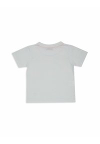 T-shirt corto a maniche corte grigio chiaro in cotone. Presenta un collo rotondo, cuciture pulite e un piccolo etichetta sul lato sinistro in basso.