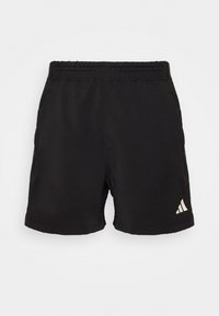 Svarta träningsshorts med elastisk midjeband, sidofickor och en liten vit logotyp på den nedre vänstra benet.