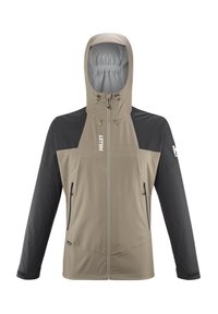 Leichte, wasserdichte Jacke mit beigem Körper und schwarzen Ärmeln, ausgestattet mit einer Kapuze, Reißverschlusstaschen und verstellbaren Bündchen.