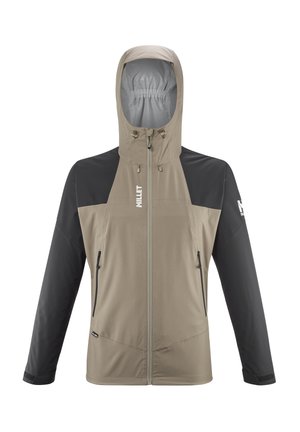 Leichte, wasserdichte Jacke mit beigem Körper und schwarzen Ärmeln, ausgestattet mit einer Kapuze, Reißverschlusstaschen und verstellbaren Bündchen.