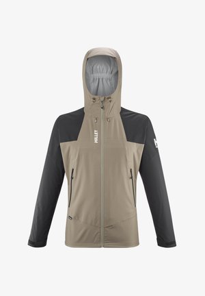 Beige lightweight jacket with black sleeves, a front zipper, adjustable hood, and two zippered pockets. Fabric features a smooth texture.