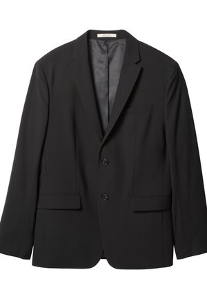 Blazer da uomo nero con rever a lancia, due bottoni frontali, due tasche con pattina e una tasca sul petto, mostrato su sfondo bianco.