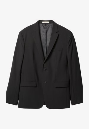 Americana negra de hombre con solapas con muesca, dos botones delanteros, dos bolsillos con solapa y un bolsillo en el pecho, mostrada sobre un fondo blanco.