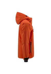 Giacca impermeabile arancione con cappuccio, tasca laterale con zip, cordino regolabile e polsini neri. Texture liscia, design minimalista, senza motivi.