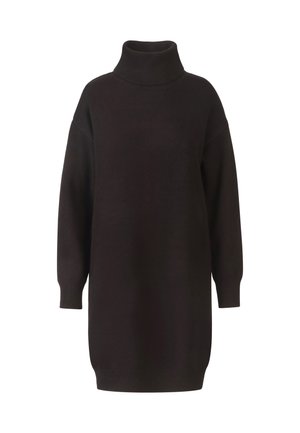 Musta poolkaelusneulemekko, joka on valmistettu pehmeästä neulekankaasta. Mekossa on pitkät hihat ja rento leikkaus, sekä ribbaustyyliset hihansuut ja helma.