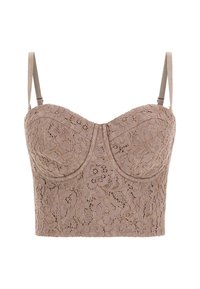 Lace bralette i beige med blomsterprint, strukturerede skåle og justerbare stropper. Blød tekstur og tætsiddende design med glatte kanter.