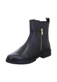 Schwarze Leder-Ankle-Boots mit einem seitlichen Reißverschluss, strukturiertem Obermaterial, runder Spitze und einer stabilen Gummisohle. Ausgestattet mit goldfarbenem Reißverschluss.