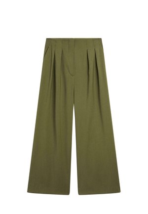 Spodnie o szerokich nogawkach w oliwkowym kolorze, z plisami z przodu i dyskretnymi bocznymi kieszeniami. Gładka tekstura; dopasowany krój zapewniający swobodny fason.