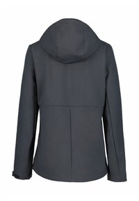 Giacca impermeabile grigio scuro con cappuccio, texture liscia, maniche lunghe e polsini regolabili. La parte posteriore presenta un design a yoke e delle cuciture.