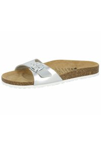 Silver slide sandal with cork sole, features a metallic strap and adjustable buckle. Textured footbed for comfort. White rubber outsole.