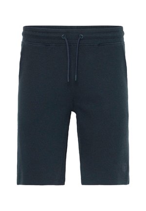 Pantalones cortos deportivos en azul marino oscuro hechos de tela texturizada. Cuentan con una cintura elástica con cordón, bolsillos laterales y un logo sutil en el dobladillo.
