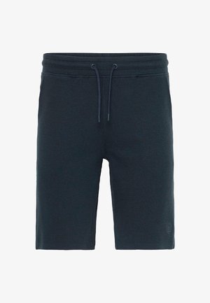 Mørk marineblå shorts i svette med strukturert stoff. Har elastisk midjebånd med snor, sidelommer og en diskret logo på kanten.