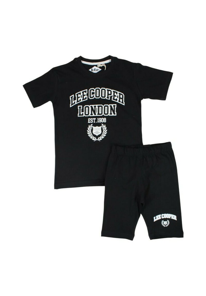 Ensemble t-shirt en coton noir et short avec "Lee Cooper London" imprimé en blanc, année de création 1908 et accents décoratifs de laurier.